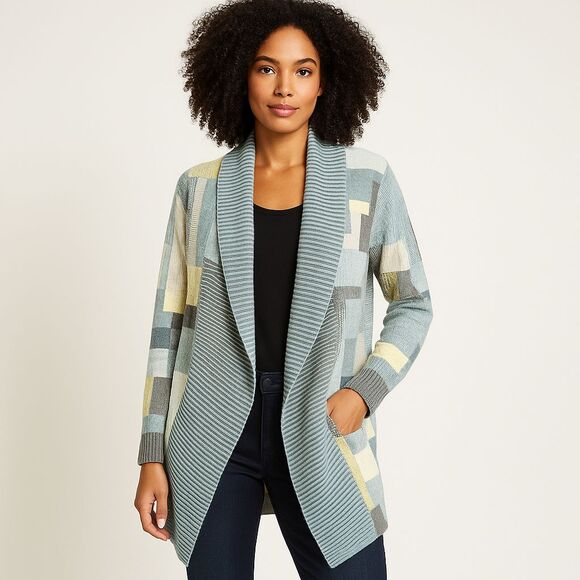 Nic + Zoe Womens Medium Blue Grey Colorblock Open Front Duster Cardigan Sweater - Picture 1 of 8